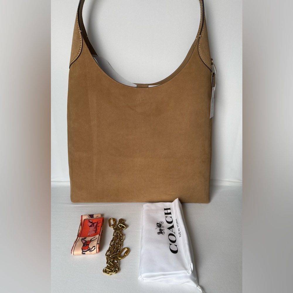 Coach Brooklyn Shoulder Bag 39 large suede Sand/Gold  a free scarf &chain NWT - Picture 11 of 16